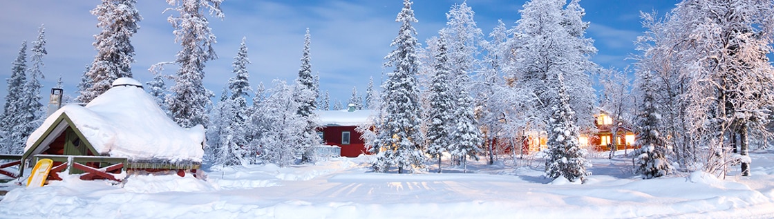Julbild - Snö på hus och skog